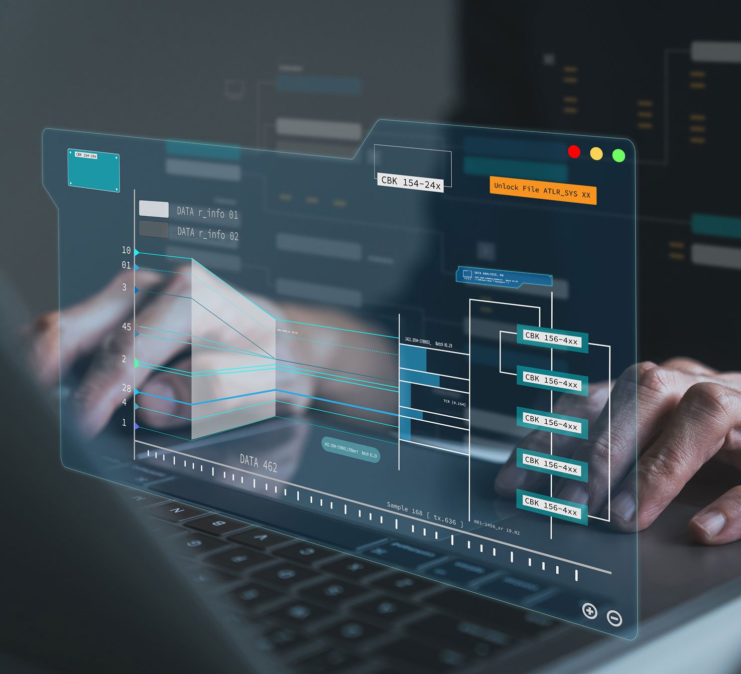 Person typing on laptop with file graphic floating above it